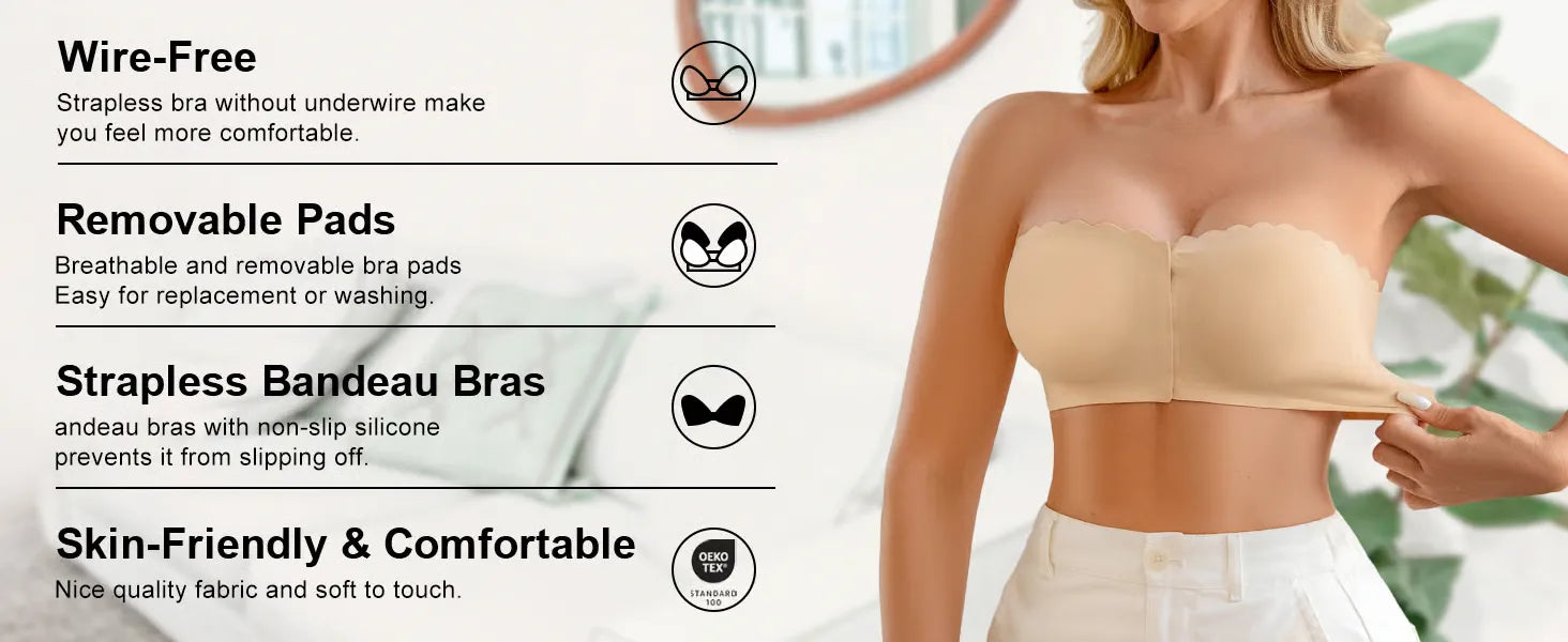 Seamless Front Closure Strapless Bandeau Bra